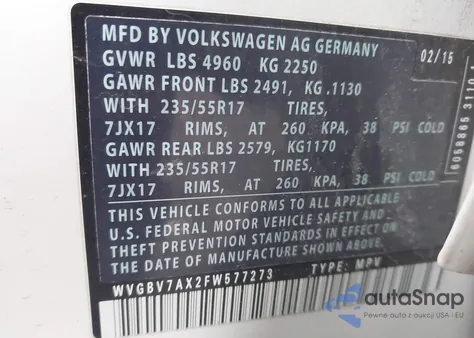 2015 Volkswagen Tiguan Se from USA, damaged, VIN WVGBV7AX2FW577273
